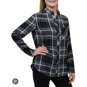 Beach Lunch Lounge Women's Size L‎ Plaid Button Down Flannel Shirt Split Back